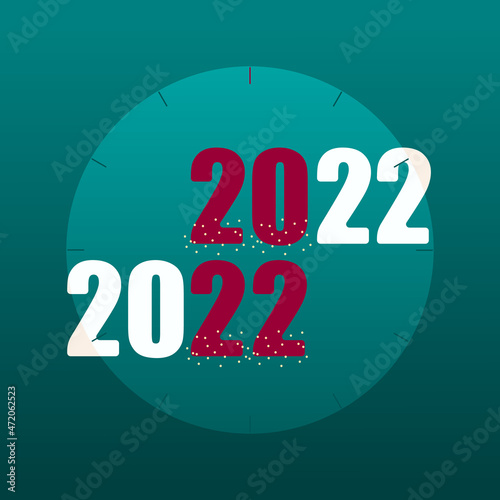 Christmas 2022 simple clock numbers red and white with a gerland on a green background. Minimalistic trendy background 