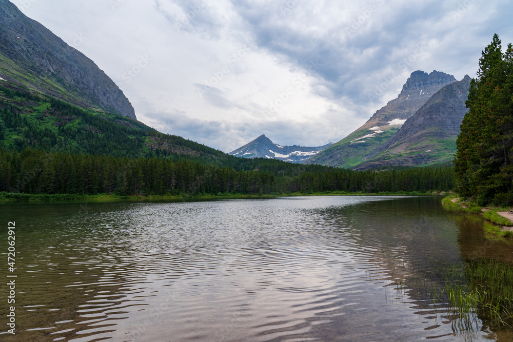 View of Fishercap Lake at Swiftcurrent and Many Glacier on the Continental Divide Trail in Glacier National Park in Montana in the summer