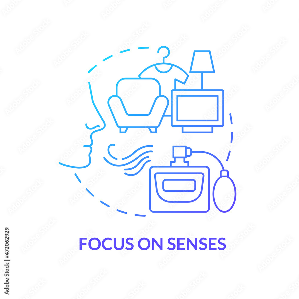 Sensory marketing concept icon. Appeal to customer olfactory sense. Identify brand by smell. Scent advertising abstract idea thin line illustration. Vector isolated outline color drawing Sensory marketing concept icon. Appeal to customer olfactory sense. Identify brand by smell. Scent advertising abstract idea thin line illustration. Vector isolated outline color drawing