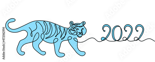 Silhouette of abstract color tiger with year 2022 as line drawing on white. Vector