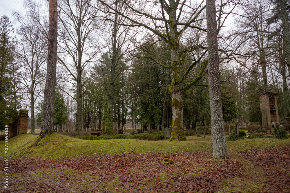 country cemetery in Latvia, Garoza. Segļu kapi, bell tower and gate without fence country cemetery in Latvia, Garoza. Segļu kapi, bell tower and gate without fence