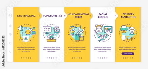 Neuromarketing tricks onboarding vector template. Responsive mobile website with icons. Web page walkthrough 5 step screens. Facial expressions coding color concept with linear illustrations