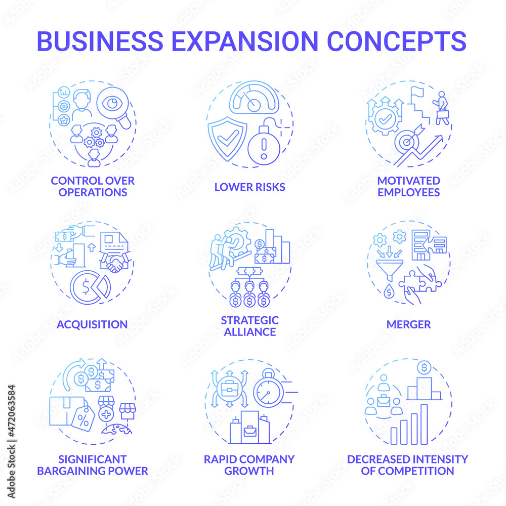 Business expansion blue gradient concept icons set. Company growth and development idea thin line color illustrations. Merger, acquisition. Market competition. Vector isolated outline drawings