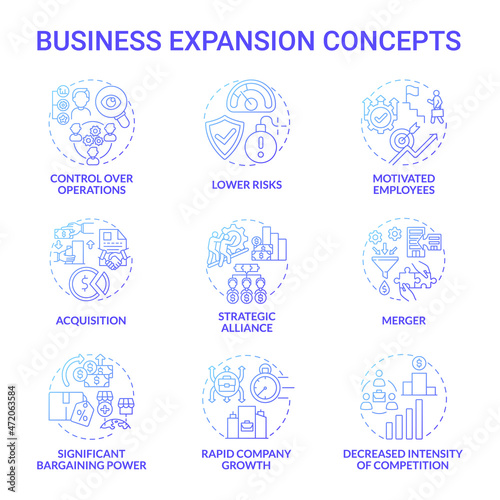 Business expansion blue gradient concept icons set. Company growth and development idea thin line color illustrations. Merger, acquisition. Market competition. Vector isolated outline drawings