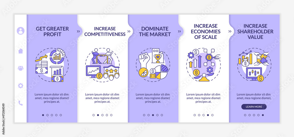 Importance of business expansion onboarding vector template. Responsive mobile website with icons. Web page walkthrough 5 step screens. Company growth color concept with linear illustrations