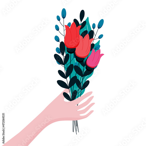 Human hand holds a bouquet of flowers. Vector illustration in flat style isolated on white background. The season of giving