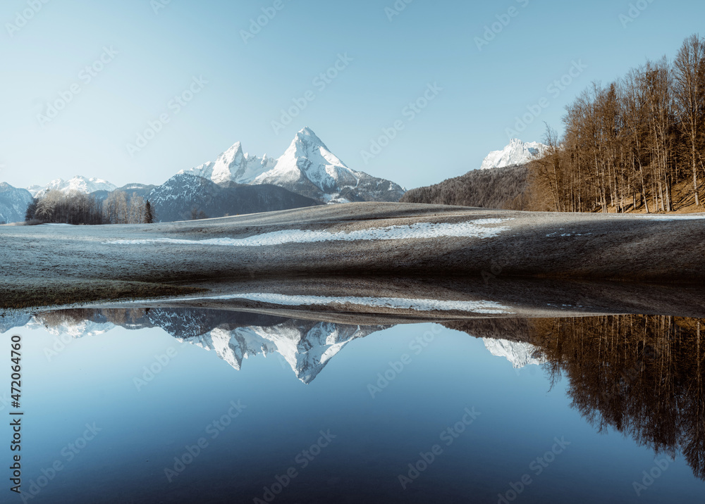 Watzmann mountain peak reflecting in lake, Berchtesgadener Land, Bavaria, Germany