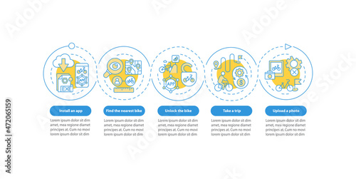 Bicycle share usage vector infographic template. Unlock bike presentation outline design elements. Data visualization with 5 steps. Process timeline info chart. Workflow layout with line icons