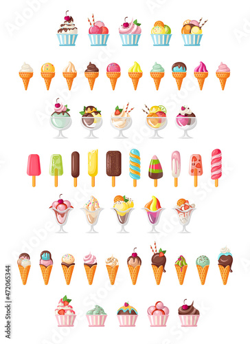 Collection of beautiful cartoon ice creams. Appetizing illustrations of cold desserts.