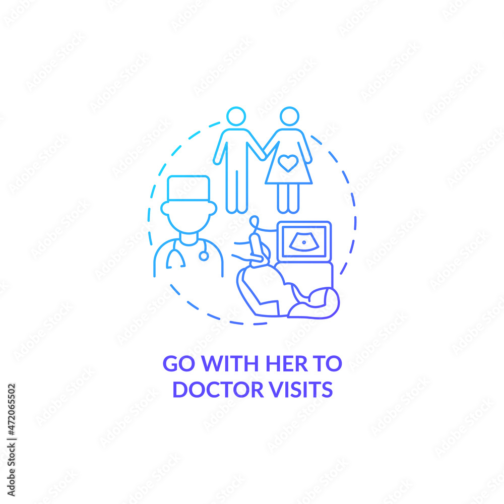 Go with her to doctor visits blue gradient concept icon. Partner support during pregnancy abstract idea thin line illustration. Pregnant woman routine check up. Vector isolated outline color drawing
