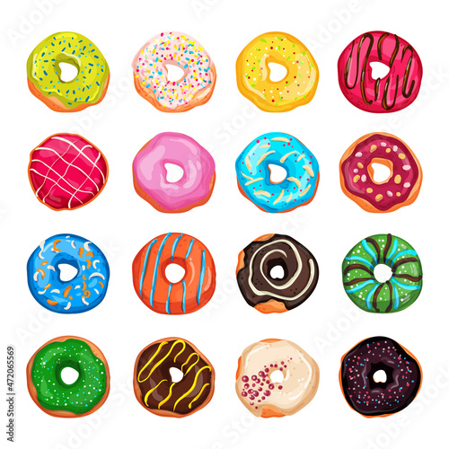 Collection of colorful appetizing donuts isolated on white background. Detailed illustrations.