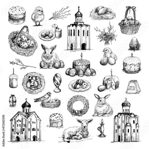 Collection of monochrome illustrations of easter in sketch style. Hand drawings in art ink style. Black and white graphics.