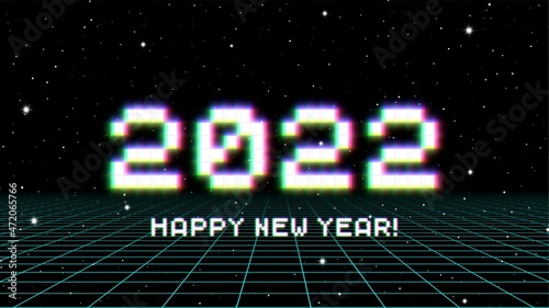 2022 New Year sign with glitched glowing pixels and grid. Winter holiday and year change symbol.