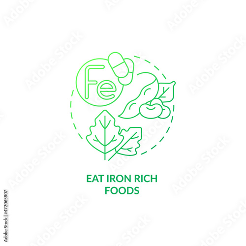 Eat iron rich foods green gradient concept icon. Pregnancy diet abstract idea thin line illustration. Raising iron levels in blood. Anemia symptoms prevention. Vector isolated outline color drawing