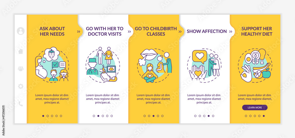 Partner support during pregnancy onboarding vector template. Responsive mobile website with icons. Web page walkthrough 5 step screens. Go to doctor visits color concept with linear illustrations