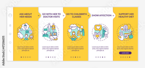 Partner support during pregnancy onboarding vector template. Responsive mobile website with icons. Web page walkthrough 5 step screens. Go to doctor visits color concept with linear illustrations