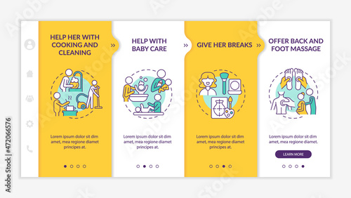 Family support during pregnancy onboarding vector template. Responsive mobile website with icons. Web page walkthrough 4 step screens. Help her with cooking color concept with linear illustrations