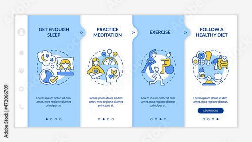 Improving mental health during pregnancy onboarding vector template. Responsive mobile website with icons. Web page walkthrough 4 step screens. Follow diet color concept with linear illustrations