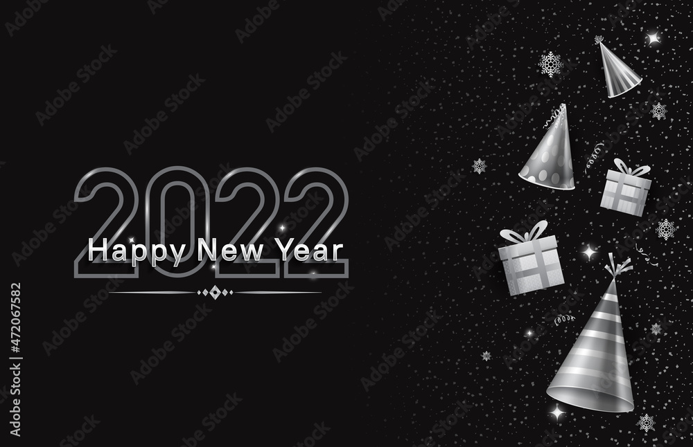 Fototapeta premium happy new year 2022 silver color with silver party element isolated black background