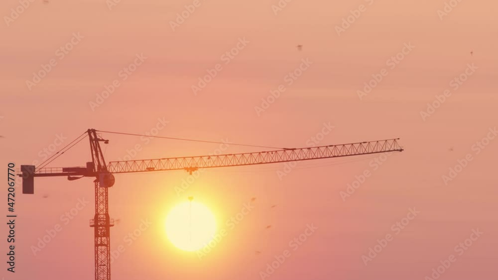 Outdoor building with sunset background with flying birds Outdoor building with sunset background with flying birds