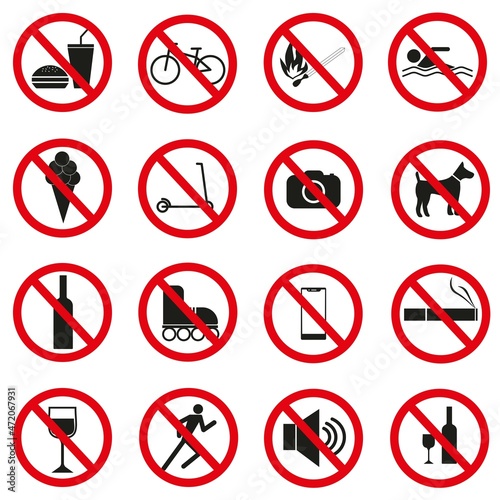 a set of prohibition signs for shopping centers and other premises. dogs are not allowed. with ice cream is prohibited. photography is prohibited. alcoholic beverages are prohibited and so on.