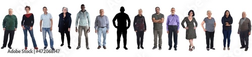 group of mixed people on white background (one silhouette)