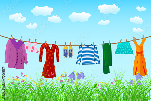 Clothes hanging on clothesline. Laundry hang on rope to dry on blue sky and meadow background. Dress drying outdoor on washing line. String with garments and clothespins in field. Vector illustration
