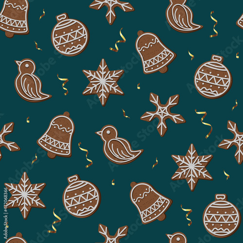 Vector seamless pattern. Cartoon Christmas chocolate cookies and serpentine isolated on dark emerald
background.