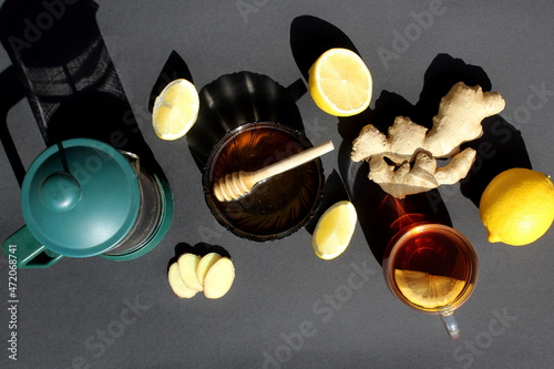 On a black background are products for the treatment of colds. Ethnoscience.