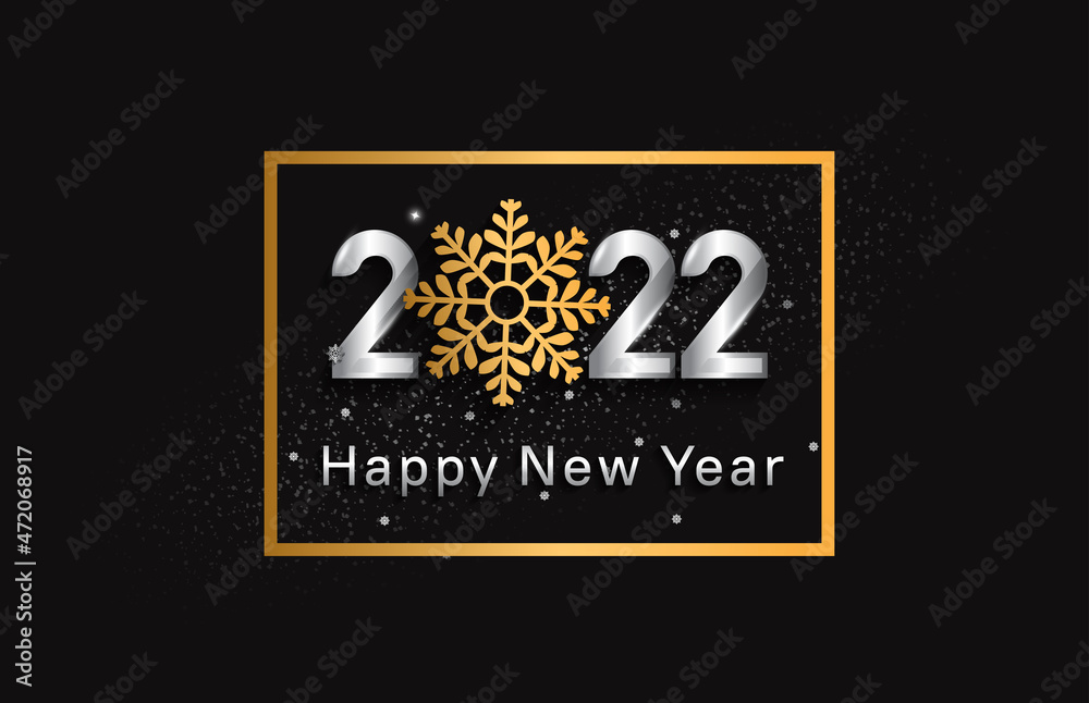 happy new year 2022 silver color with golden snowflake in square isolated black background happy new year 2022 silver color with golden snowflake in square isolated black background