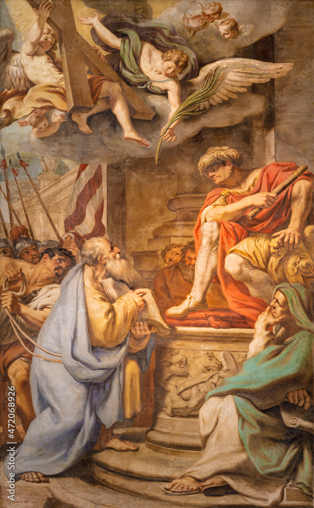 ROME, ITALY - AUGUST 28, 2021: The fresco  St Andrew the apostle before the governor in the church Sant'Andrea della Valle by Carlo Cignani (1628-1719).