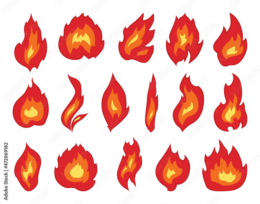 Collection of colored fire and flame icons isolated on white background.