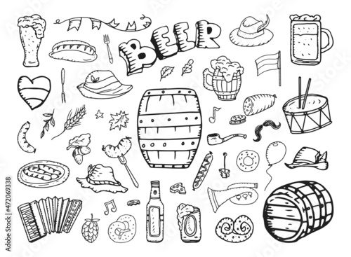 Collection of monochrome illustrations of oktoberfest in sketch style. Hand drawings in art ink style. Black and white graphics.