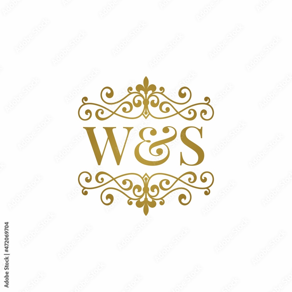 W&S initials logo ornament gold. Letter WS wedding ampersand or business  partner symbol. Stock Vector