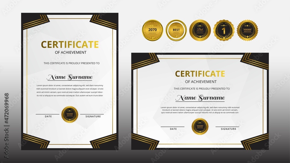 Gradient golden black luxury certificate with gold badge set For award ...