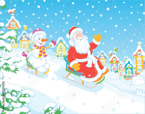 Santa Claus and a happy snowman sledding down a snow hill on a winter playground in a beautiful snowy park of a pretty small town, vector cartoon illustration