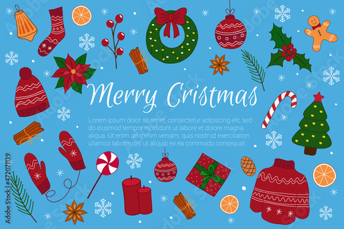 Christmas  banner with christmas hand drawn elements on a light  blue background. Vector hand drawn illustration in doodle and cartoon style.