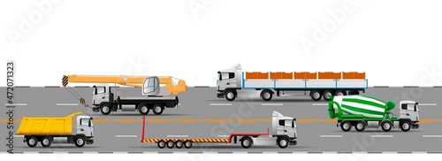 Road traffic on the highway. Construction machinery. Road train, low loader, platform, mixer, dump truck, truck crane.