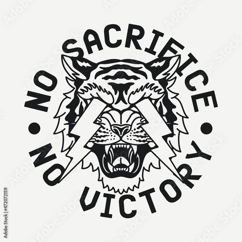 ASD 535 Black and White Lightning Eyes Tiger with No Sacrifice No Victory Slogan Vector Artwork on White Background for Apparel and Other Uses