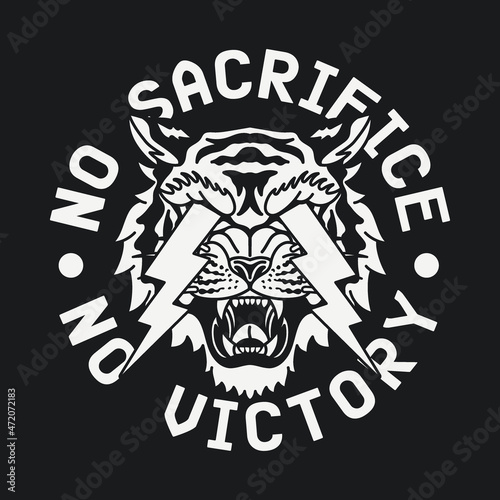 Black and White Lightning Eyes Tiger with No Sacrifice No Victory Slogan Vector Artwork on Black Background for Apparel and Other Uses