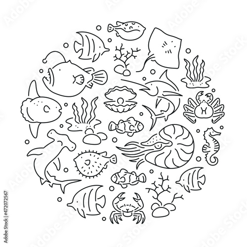 Pattern with marine life. Black and white thin line icons