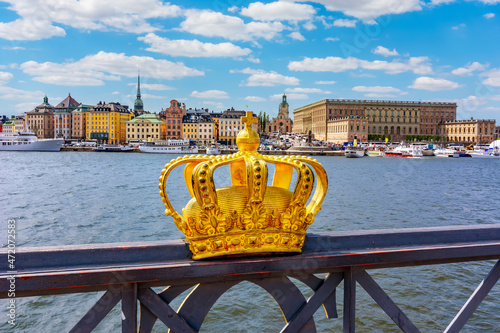 Royal crown and Stockholm old town (Gamla Stan), Sweden photo