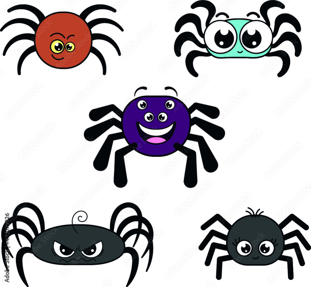 Set of cartoon spiders for use in children's book - editorial illustration - digital marketing