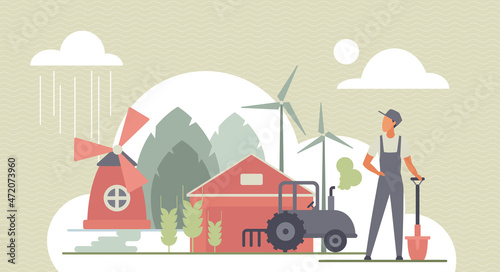 Farm work, agriculture technology vector illustration. Cartoon farmer with tractor, farming equipments and buildings, windmills and village wheat field. Agronomy, horticulture, harvesting concept