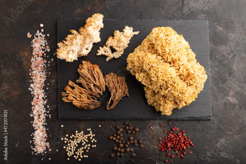 Raw Sparassis (Cauliflower Mushroom), Hericium, Clavaria (coral mushroom) photo