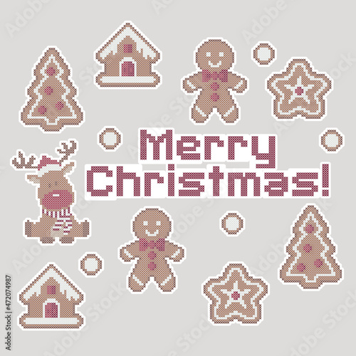 Set of cross stitched gingerbread cookies, christmas stickers
