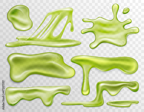 Green slime liquid, blots and drops set, top view vector illustration. 3d realistic splatter snail slug, splats of bacterias or viruses drip, Halloween mucus isolated on transparent background
