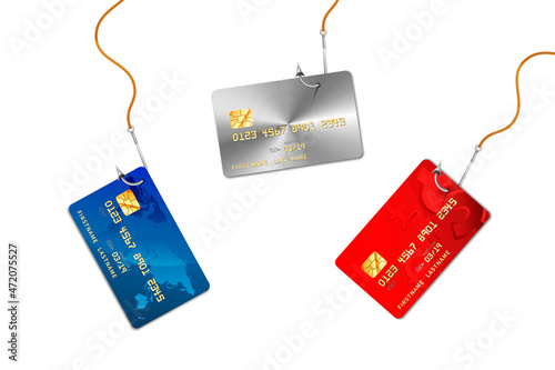 Different bank credit cards on glossy silver metal fishing hooks on a ropes, scam fraud concept on white