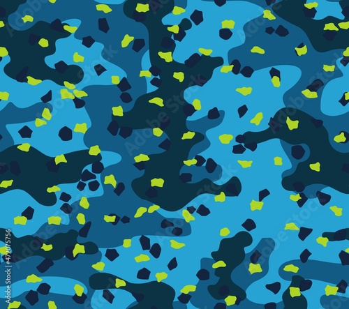 
Blue camouflage texture vector pattern with yellow spots, trendy background