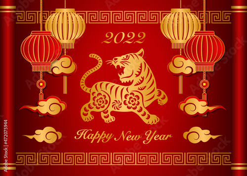 2022 Happy Chinese new year gold relief tiger lantern cloud and lattice frame on retro red reel